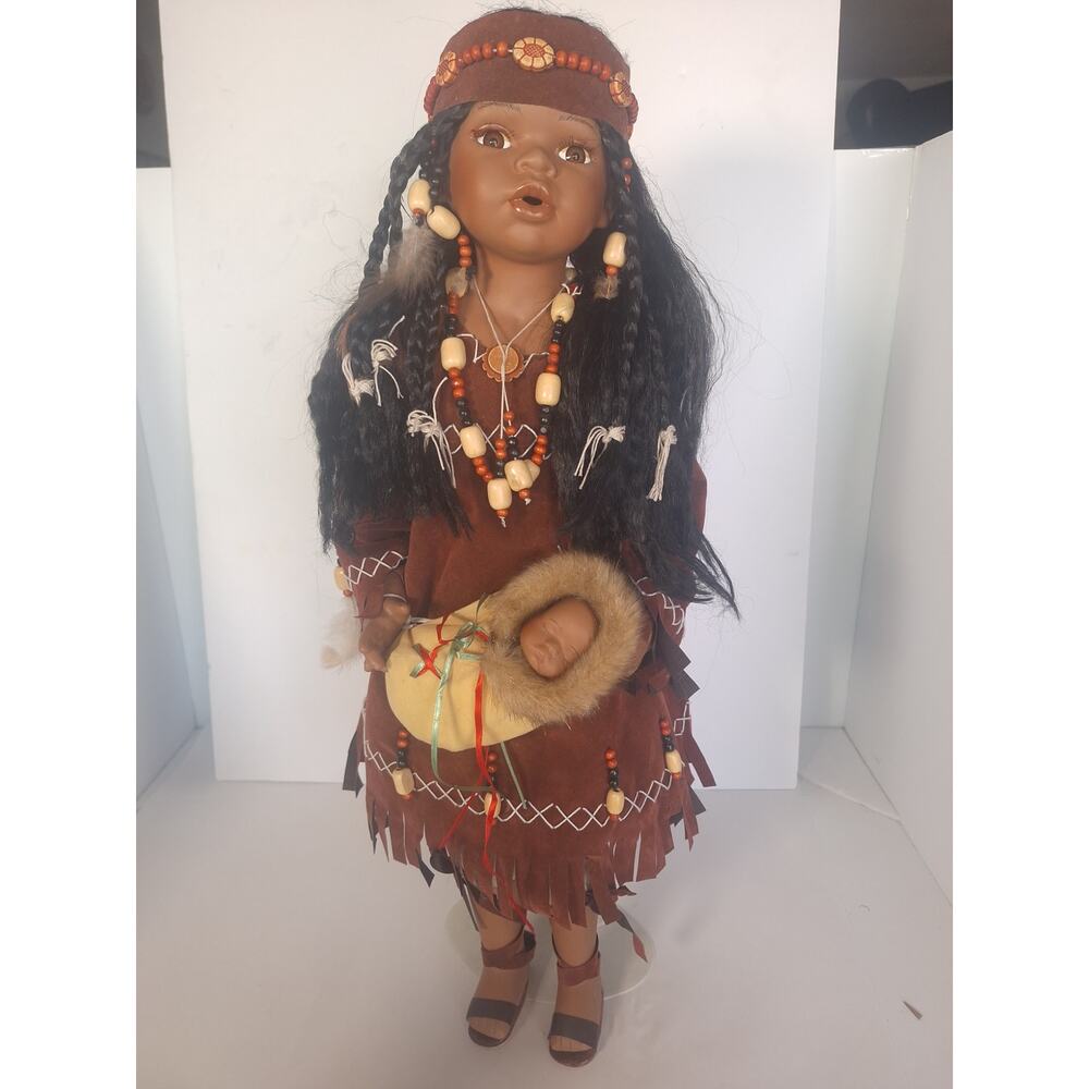 Vintage Native American Style Ceramic Mother & Baby Doll Faux Suede Beaded 23"